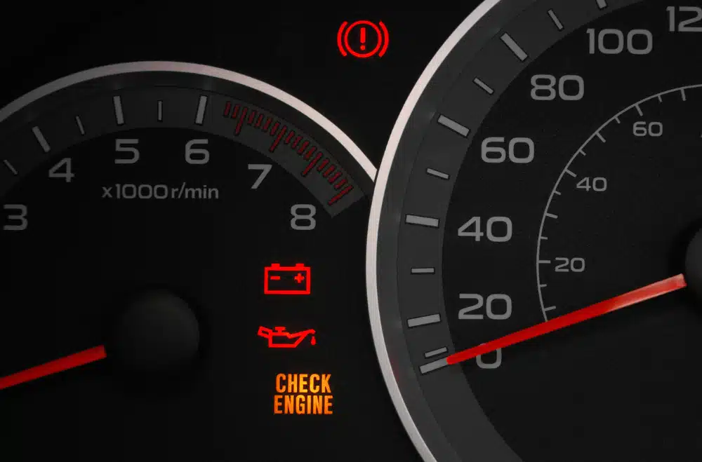 Image of illuminated car dashboard symbols including check engine, oil pressure, and battery, highlighting the importance of diagnostics and timely auto repair