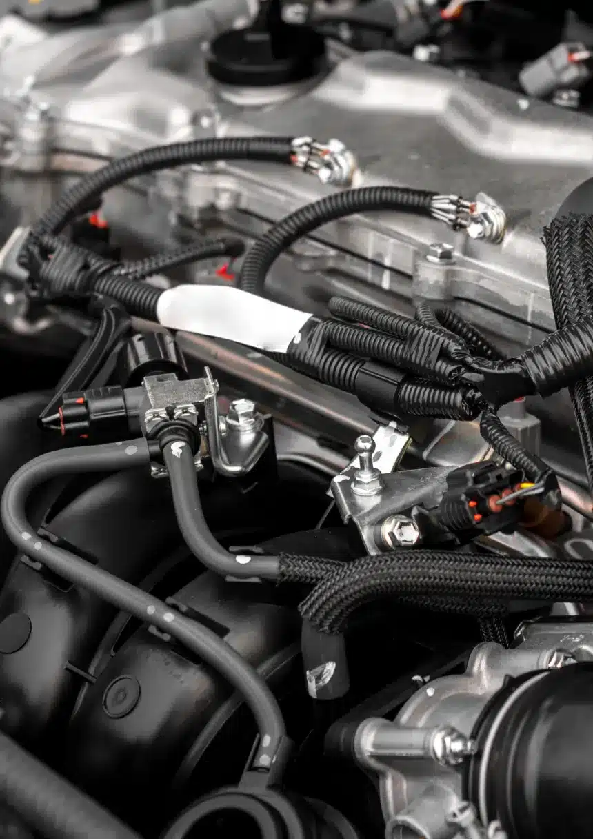 Complex engine components and wiring.