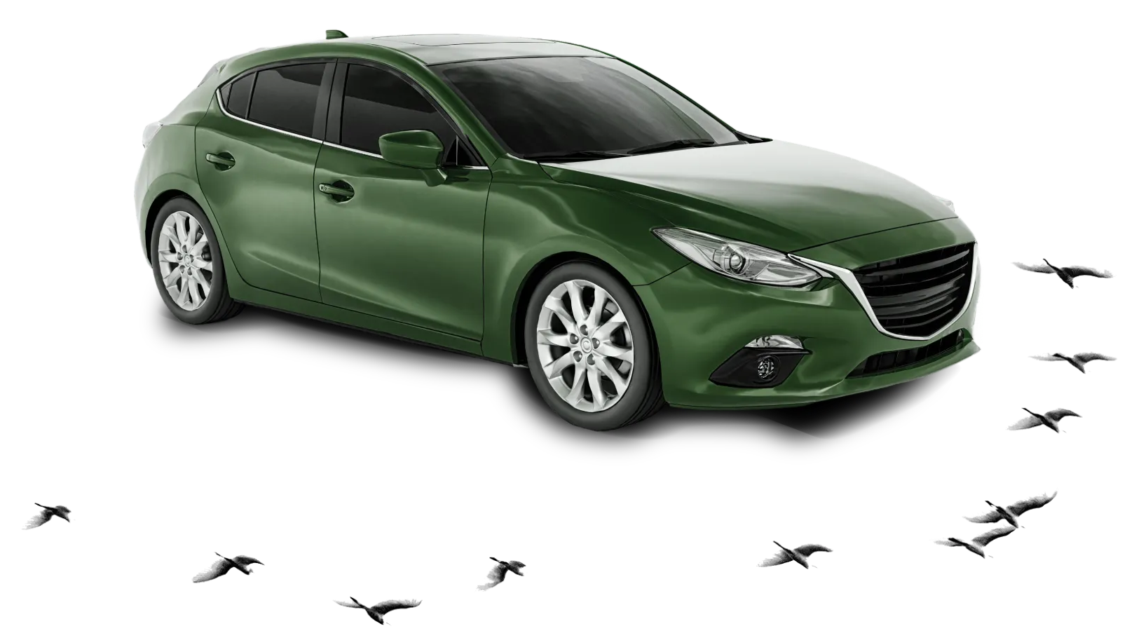 Green car surrounded by footprints