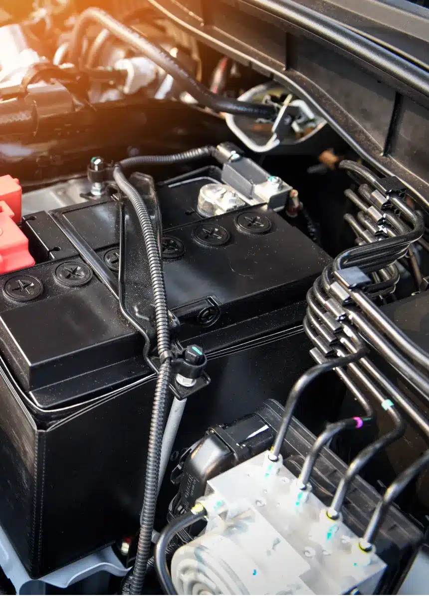 Preventative Maintenance by Pristine Motorsports in 950 S Dupont Blvd, Smyrna, DE shown by an image of Car battery and engine components close-up.