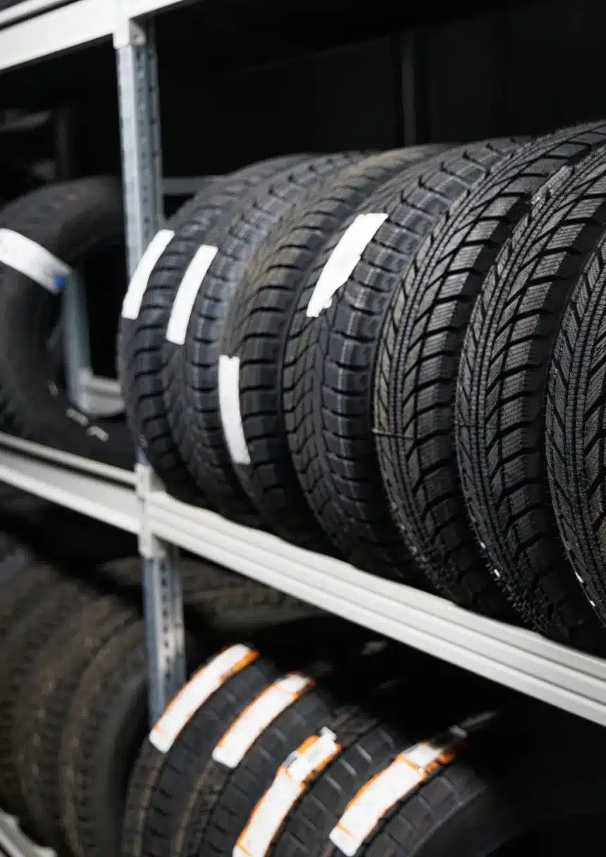 Stacked tires on metal shelves