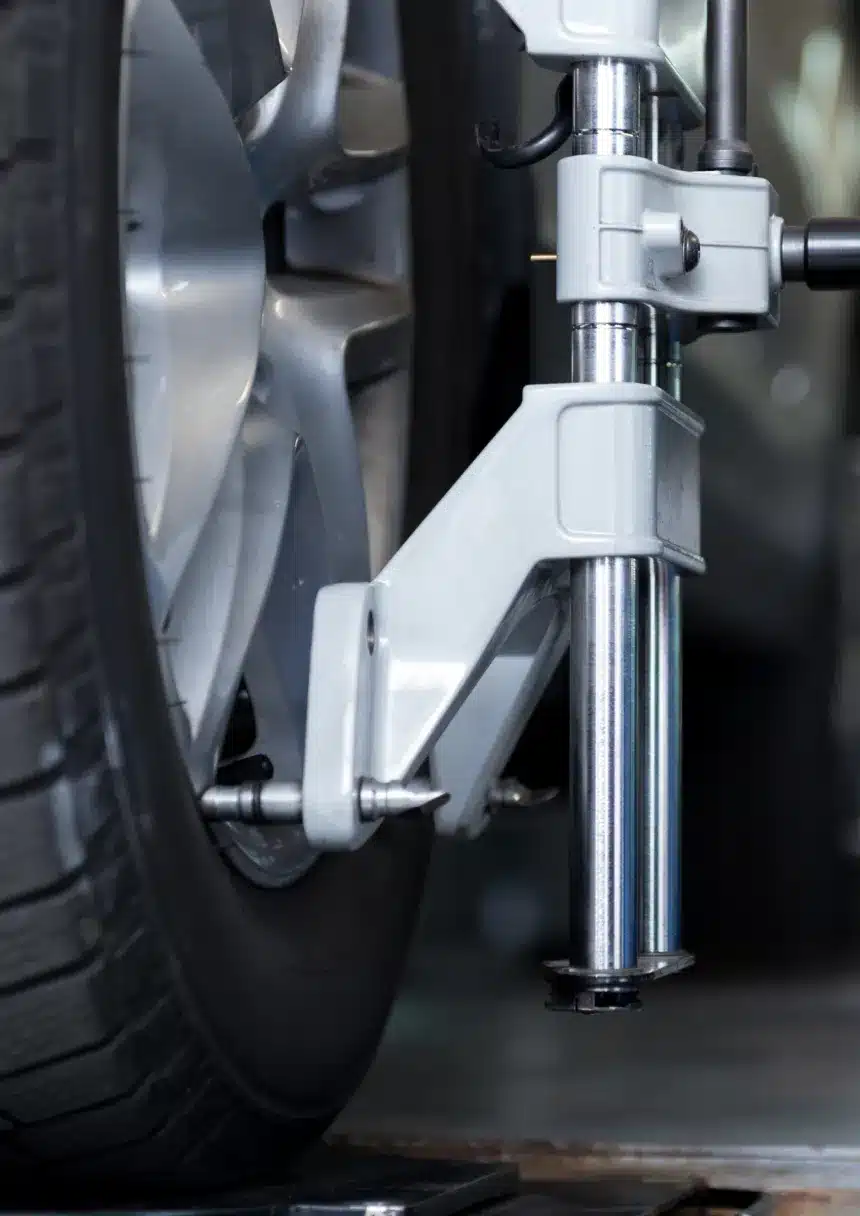 Close-up of wheel alignment equipment